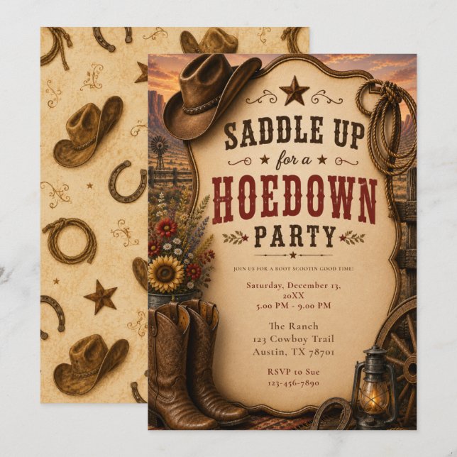 Invitación Fiesta Western Hoedown (Anverso / Reverso)
