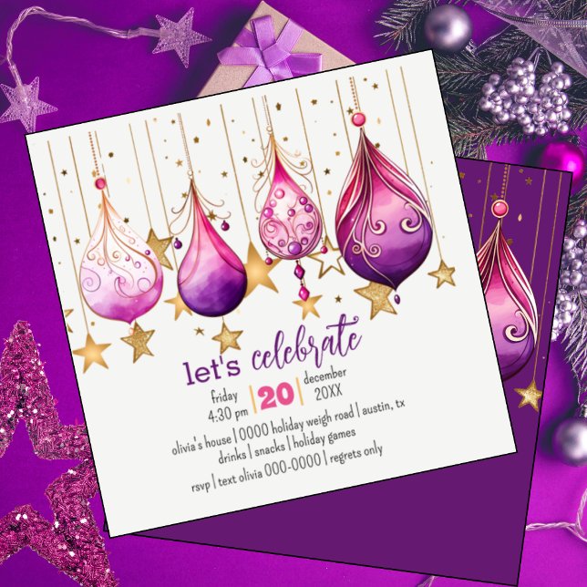 Invitación Fiesta Whimsical Holiday Baubles (Whimsical Christmas baubles on this fully customizable cute holiday party invitation)