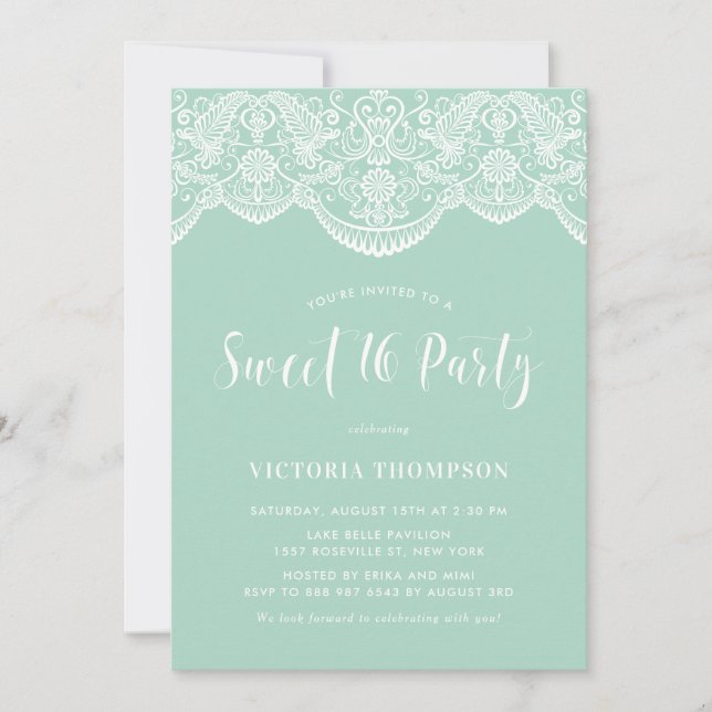 Invitación Fiesta White Brocade Lace Mint Green Sweet 16 (Anverso)