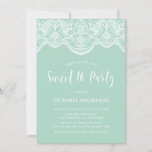 Invitación Fiesta White Brocade Lace Mint Green Sweet 16