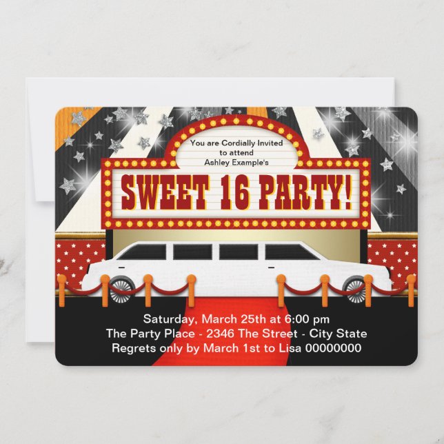 Invitación Fiesta White Limo Movie Star Sweet 16 (Anverso)