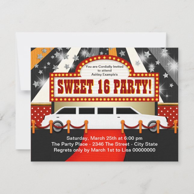 Invitación Fiesta White Limo Movie Star Sweet 16 (Anverso)