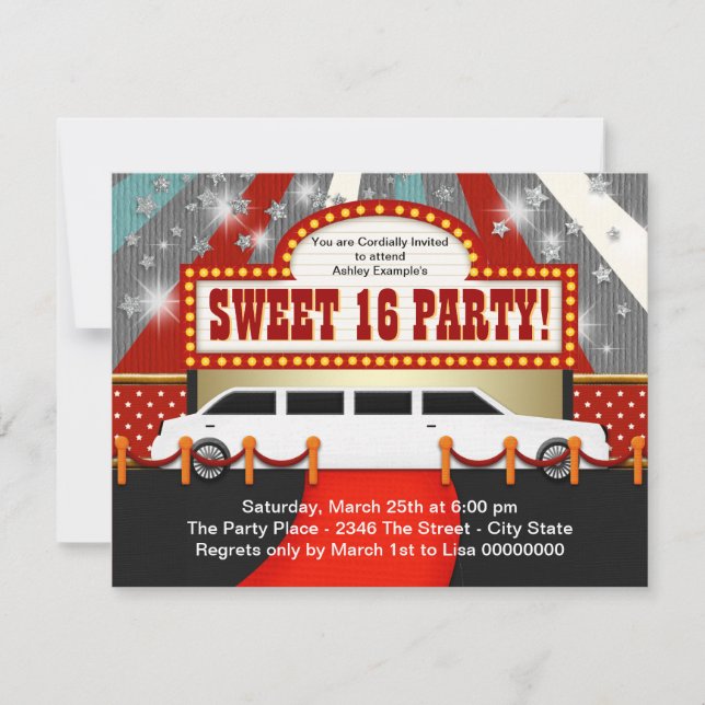 Invitación Fiesta White Limo Movie Star Sweet 16 (Anverso)