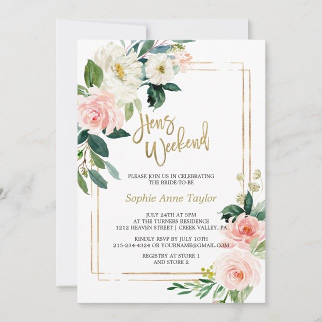Invitación Fiesta White Rubor Floral Gold Bachelorette Weeken (Anverso)