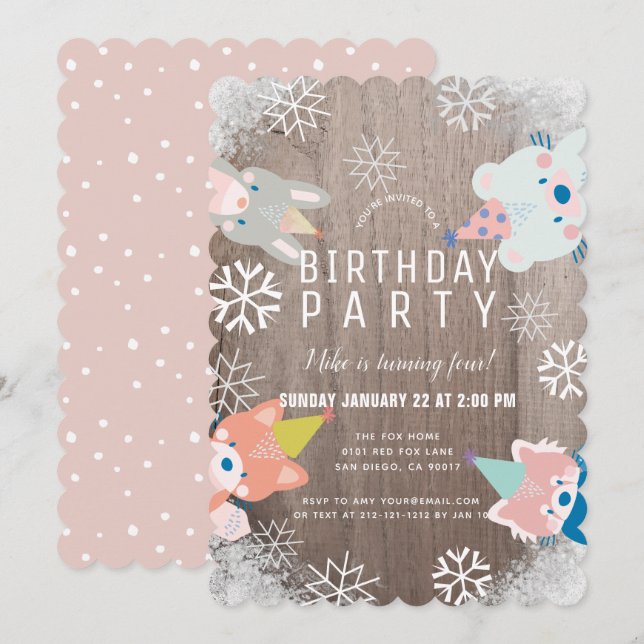 Invitación Fiesta Woodland Animales Snowflakes Cumpleaños Ros (Anverso / Reverso)