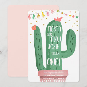 Invitación Fiesta y Chica divertida Cactus rosado Primer cump