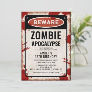 Invitación Fiesta zombi con signo BEWARE y manchas de sangre