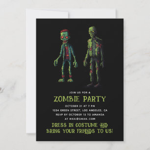 Invitación Fiesta Zombie Halloween. Divertido Verde y Negro