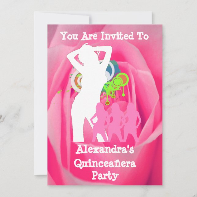 Invitación fiestas chicas divertidos rosados Quinceañera (Anverso)