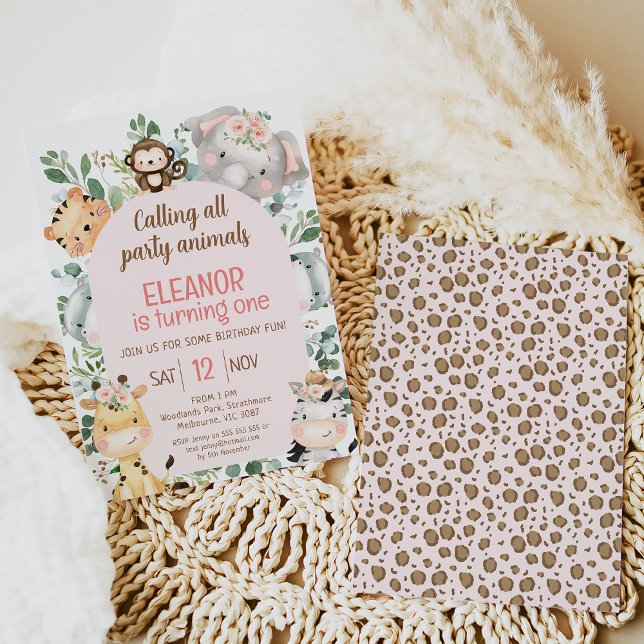 Invitación Fiestas de animales de safari de Arco Rosado Prime (Modern pink arch safari themed, calling all party animals, girl's first birthday invitation.)