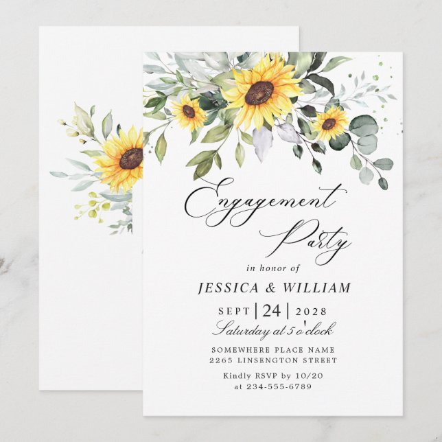 Invitación FIESTAS DE COMPROMISO Elegantes Girasoles Eucalipt (Anverso / Reverso)