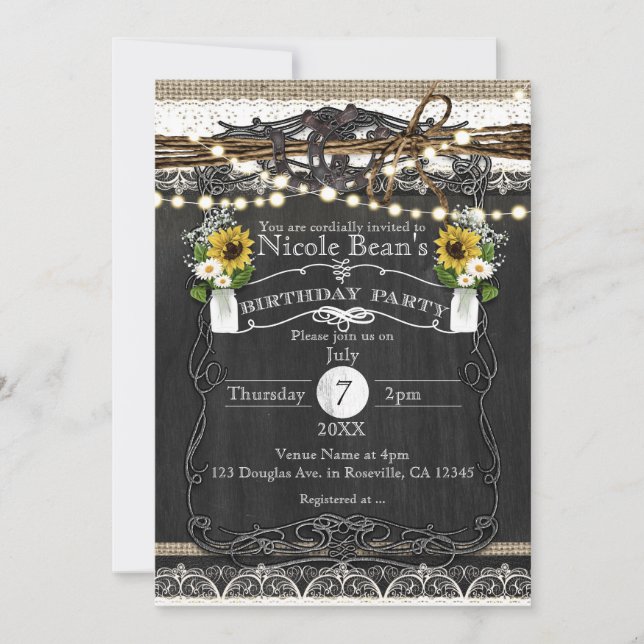 INVITACIÓN FIESTAS DE CUMPLEAÑOS RÚSTICAS DE FLORES Y HERRADU (Anverso)