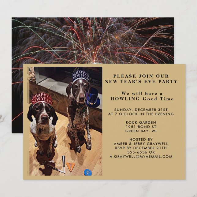 Invitación Fiestas de Nochevieja invitan a perros y fuegos ar (Anverso / Reverso)