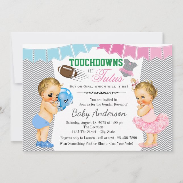 Invitación Fiestas de revelación de género Touchdowns o Tutus (Anverso)