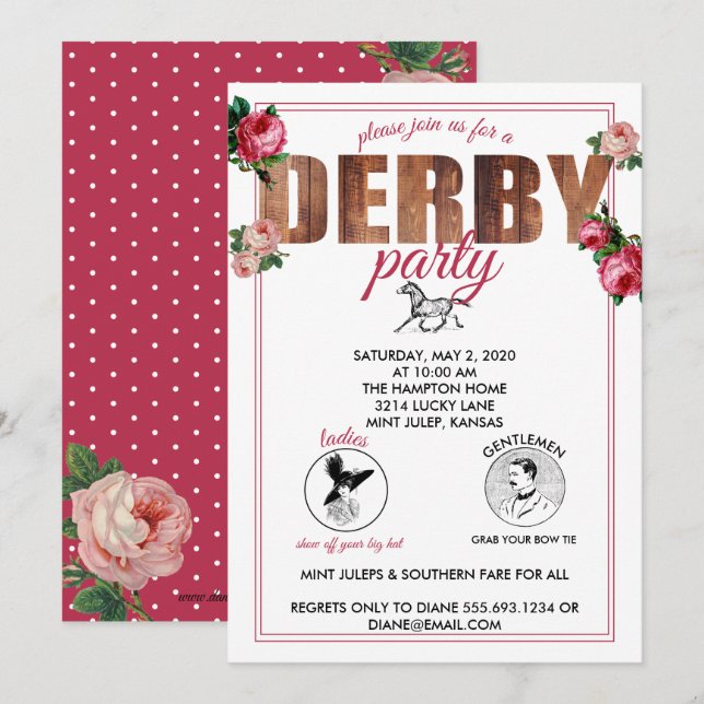 Invitación Fiestas Derby Carreras Rosas de caballos (Anverso / Reverso)
