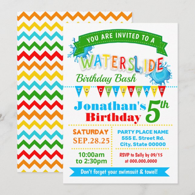 Invitación Fiestas primarias de verano de cumpleaños de tobog (Anverso / Reverso)