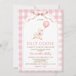 Invitación Fifí Rosa1 Gingham Nuevo Tonto Ganso Lazo Baby Sho