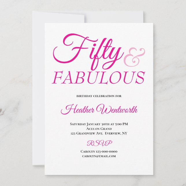 Invitación Fifty and Fabulous 50th Birthday Pink Script (Anverso)
