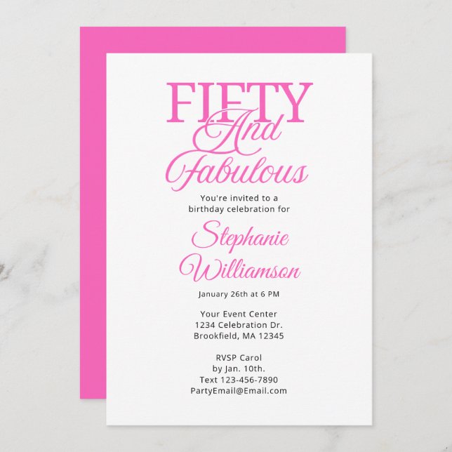 Invitación Fifty and Fabulous Black and Pink Script (Anverso / Reverso)