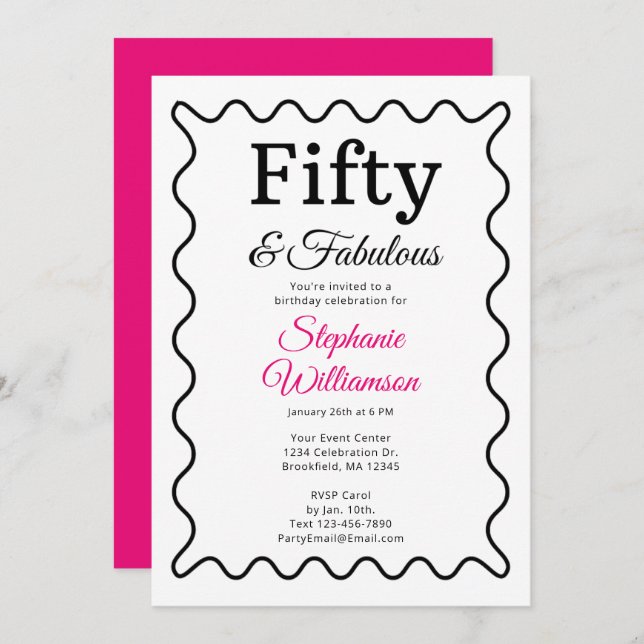 Invitación Fifty and Fabulous Black and Pink Script (Anverso / Reverso)