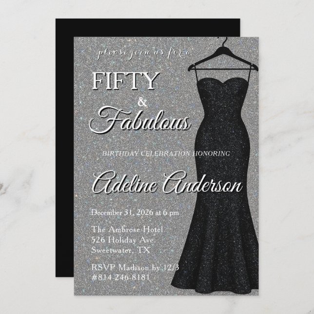 Invitación Fifty and Fabulous Black and Silver 50th Birthday  (Anverso / Reverso)