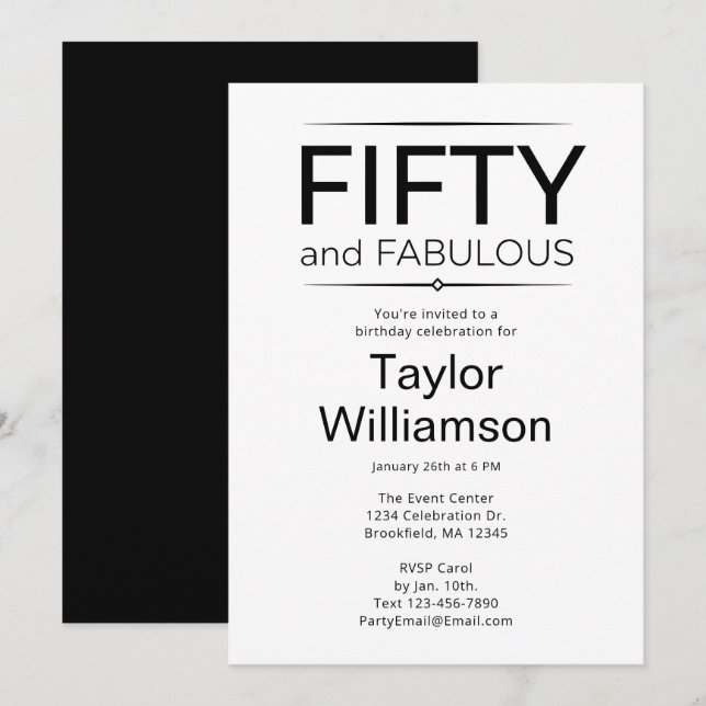 Invitación Fifty and Fabulous Black and White  (Anverso / Reverso)