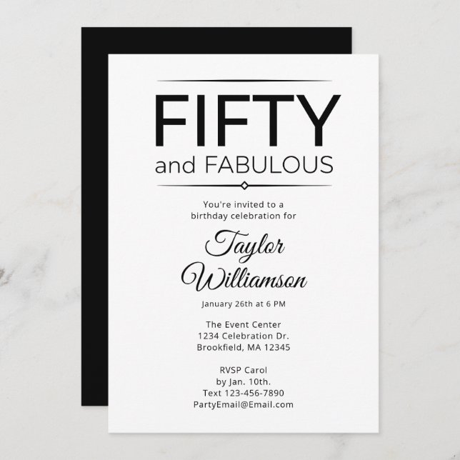 Invitación Fifty and Fabulous Black and White Script (Anverso / Reverso)