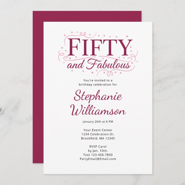 Invitación Fifty and Fabulous Black Berry Pink Script (Anverso / Reverso)