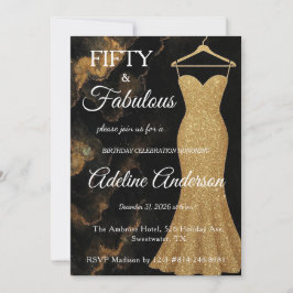Invitación Fifty and Fabulous Black Gold Marble 50th
