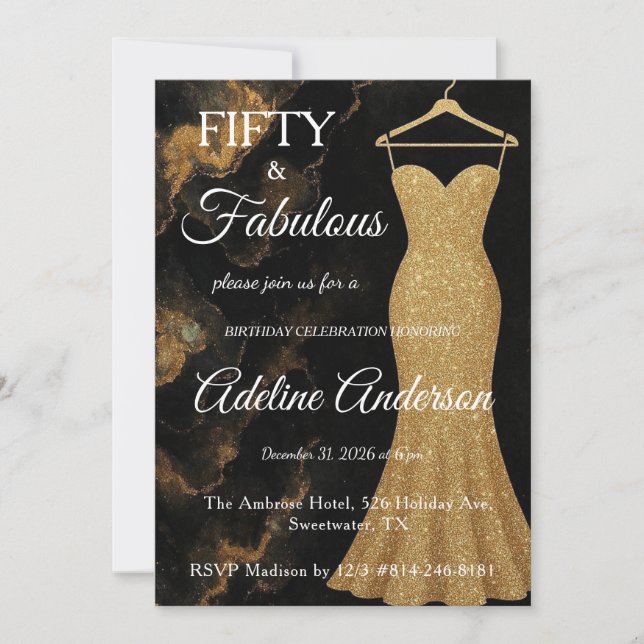 Invitación Fifty and Fabulous Black Gold Marble 50th (Anverso)