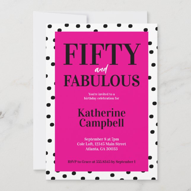 Invitación Fifty and Fabulous Black Hot Pink 50th Birthday (Anverso)