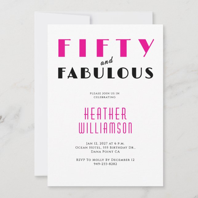 Invitación Fifty and Fabulous Black Pink 50th Birthday  (Anverso)