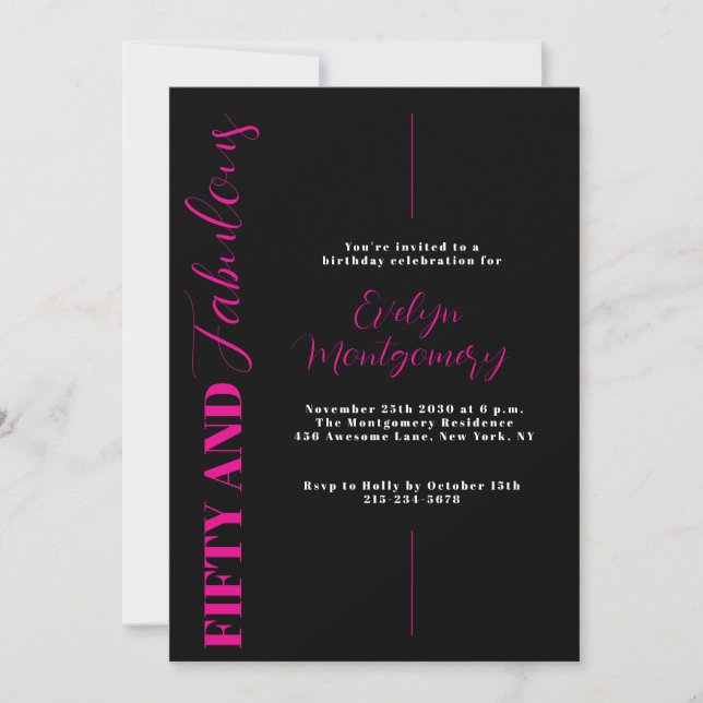 Invitación Fifty and Fabulous Black Pink 50th Birthday Party  (Anverso)