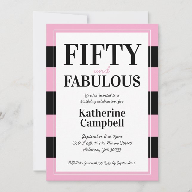 Invitación Fifty and Fabulous Black Pink 50th Birthday Party (Anverso)