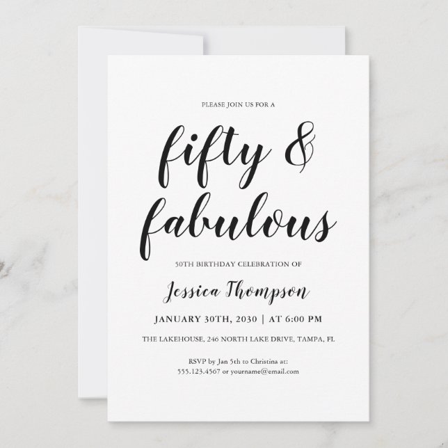 Invitación Fifty and Fabulous Black Script 50th Birthday (Anverso)