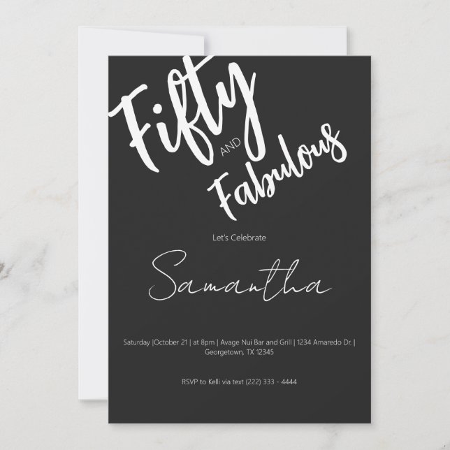 Invitación Fifty and Fabulous Black Script 50th Birthday (Anverso)