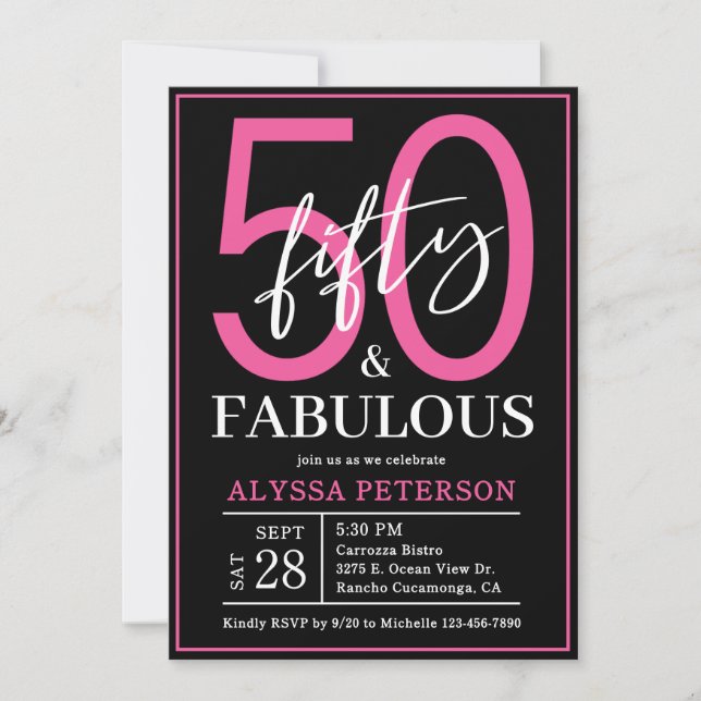 Invitación Fifty and Fabulous Black Script 50th Birthday (Anverso)
