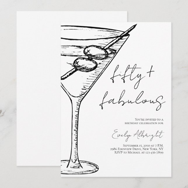 Invitación Fifty and Fabulous Black Script Line Art Martini (Anverso / Reverso)