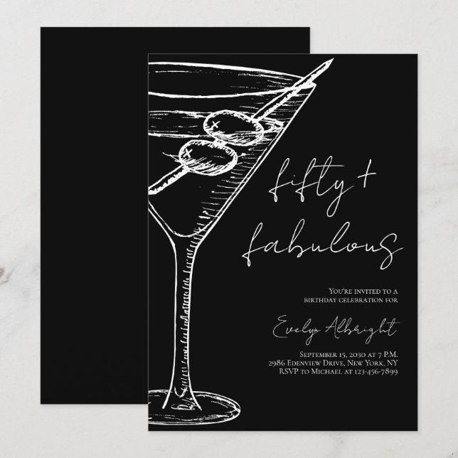 Invitación Fifty and Fabulous Black Script Line Art Martini (Anverso / Reverso)
