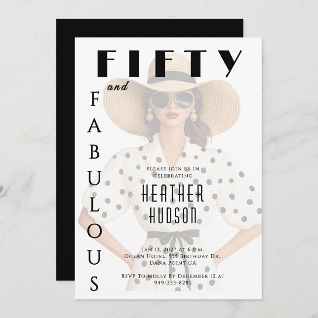 Invitación Fifty and Fabulous Black White 50th Birthday  (Anverso / Reverso)
