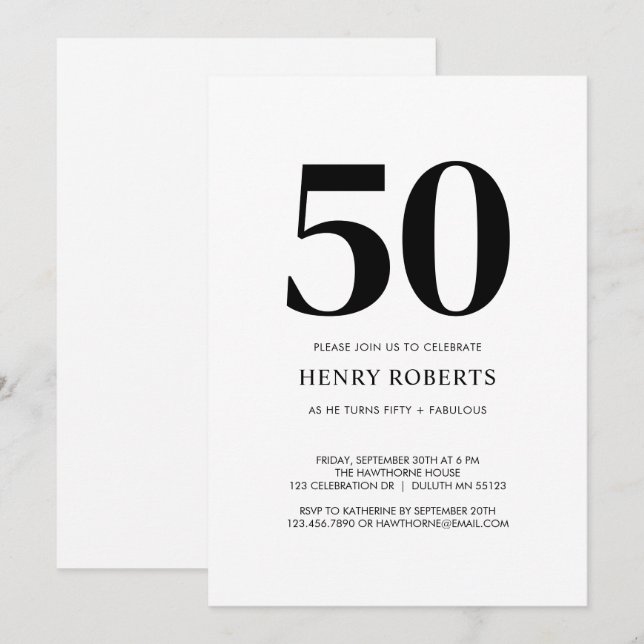 Invitación Fifty and Fabulous Black White 50th Birthday Party (Anverso / Reverso)