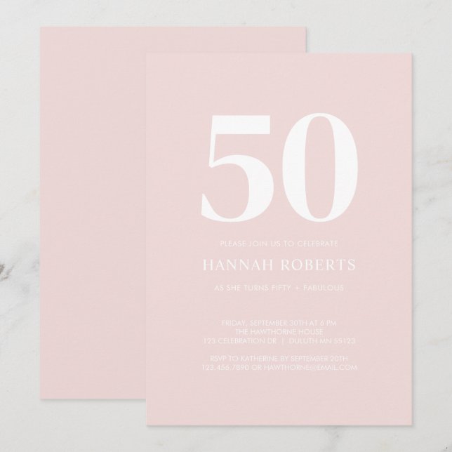 Invitación Fifty and Fabulous Blush Pink 50th Birthday Party (Anverso / Reverso)