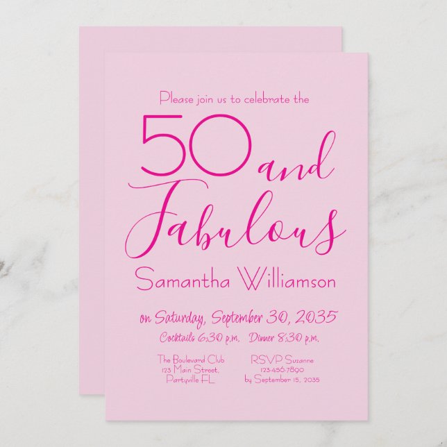 Invitación Fifty and Fabulous Blush Pink 50th Birthday Party (Anverso / Reverso)
