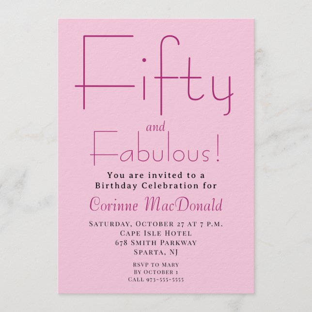 Invitación Fifty and Fabulous Blush Pink 50th Birthday Party (Anverso)