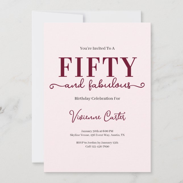 Invitación Fifty and Fabulous Blush Pink 50th Birthday Party (Anverso)