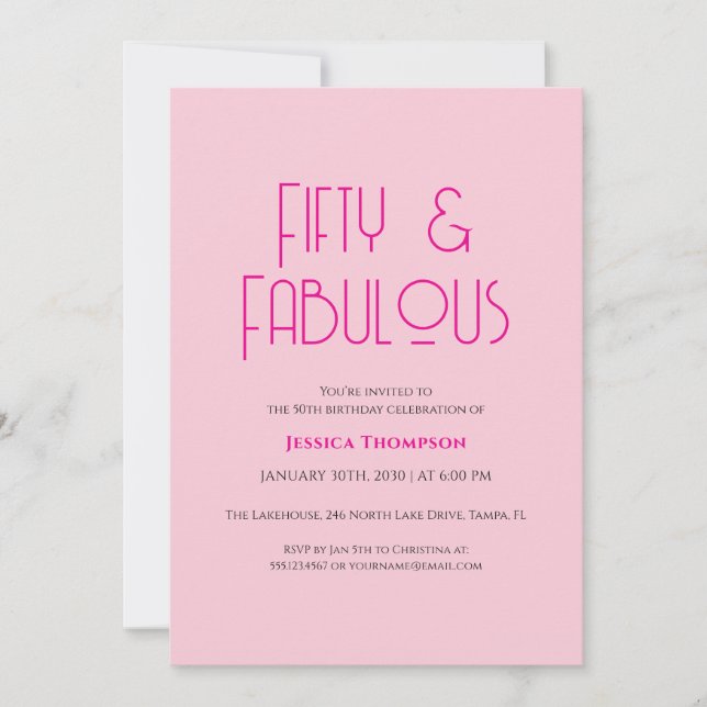 Invitación Fifty and Fabulous Blush Pink 50th Birthday Party  (Anverso)