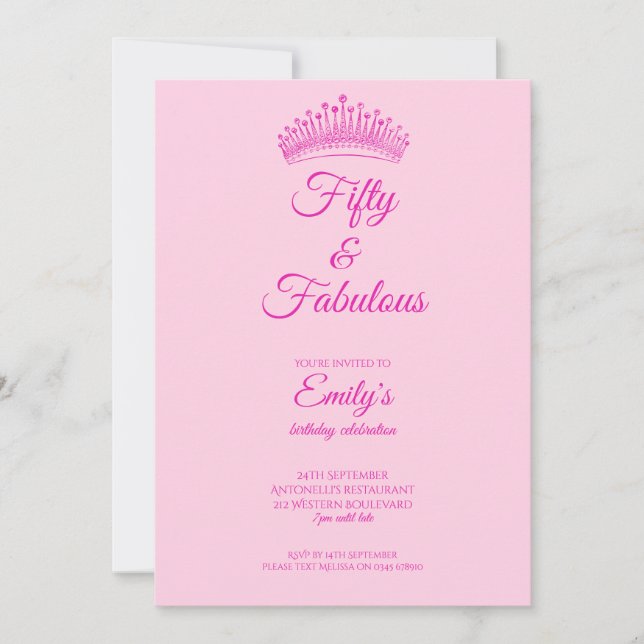 Invitación Fifty and Fabulous Crown Pink Birthday (Anverso)