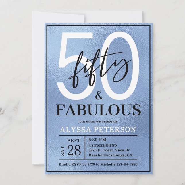 Invitación Fifty and Fabulous Dusty Blue Script 50th Birthday (Anverso)