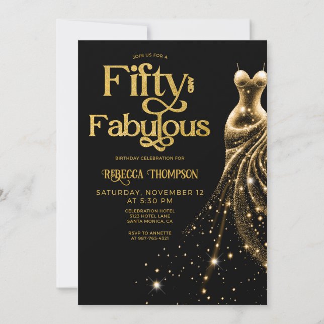 Invitación Fifty and Fabulous Gold Dress Black 50th Birthday (Anverso)