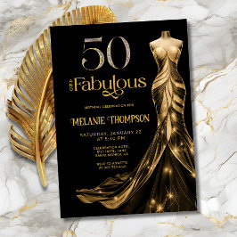 Invitación Fifty and Fabulous Gold Dress Black 50th Birthday